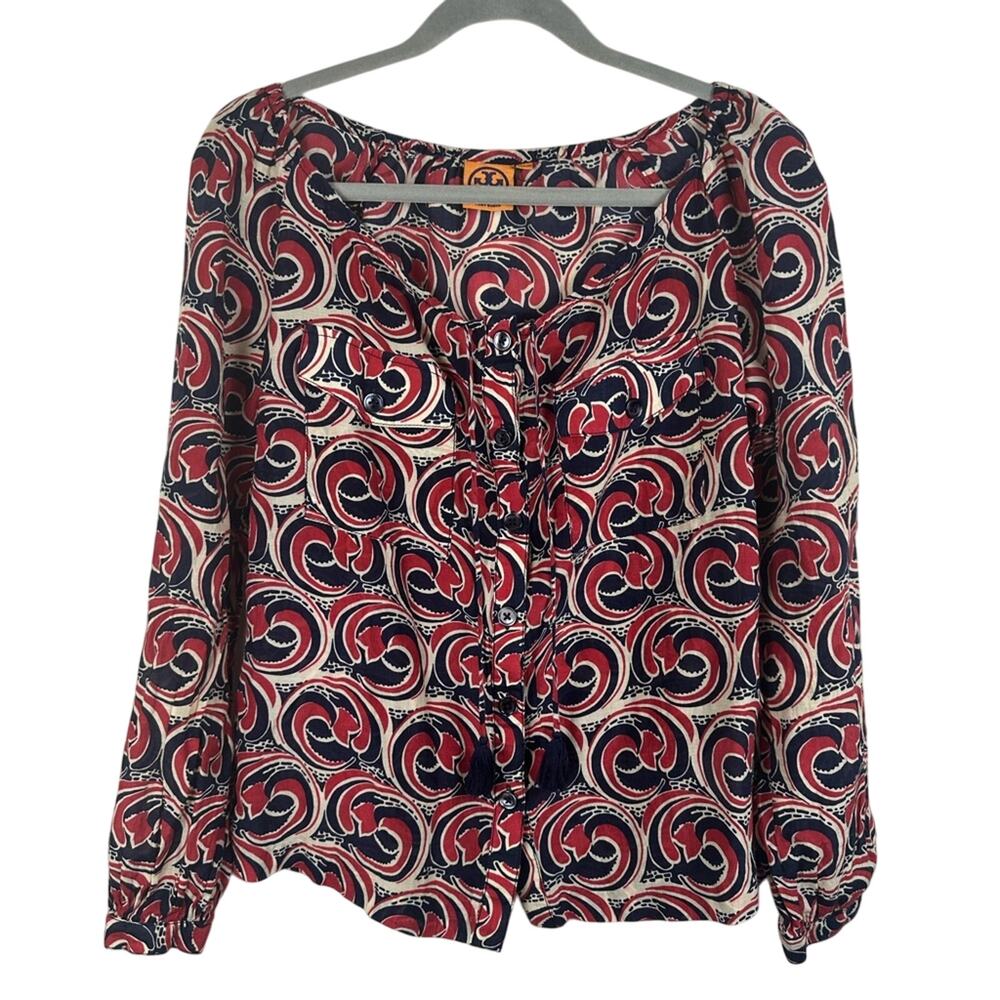 Tory Burch Cotton Silk Blend Wave Print Button Front Boho Blouse Tassels Size 6